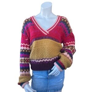 Sundance Multicolor Striped Fair Isle Rainbow Chunky VNeck Wool Blend Sweater XS